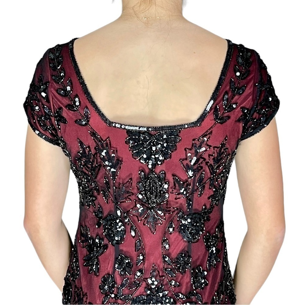 Pisarro Nights Burgundy Mini Dress with Black Sequin Appliqué - Picture 4 of 15